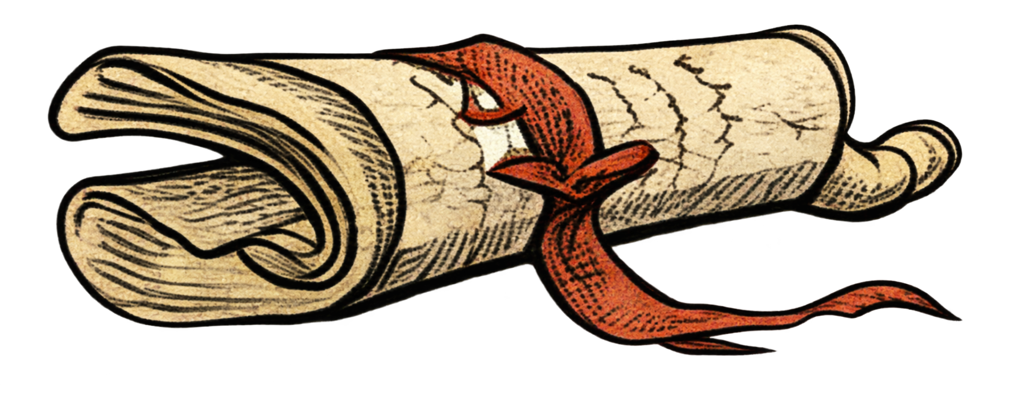 A rolled letter tied with a red ribbon
