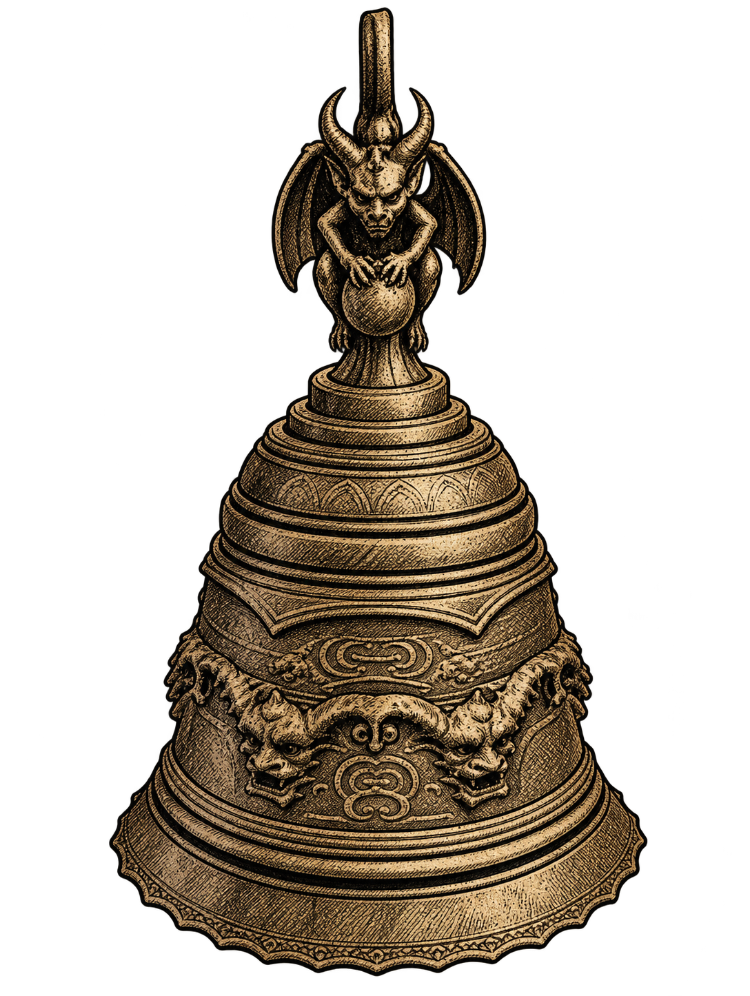 A hand-drawn Victorian catalogue illustration of the black Bell of the Hidden Road