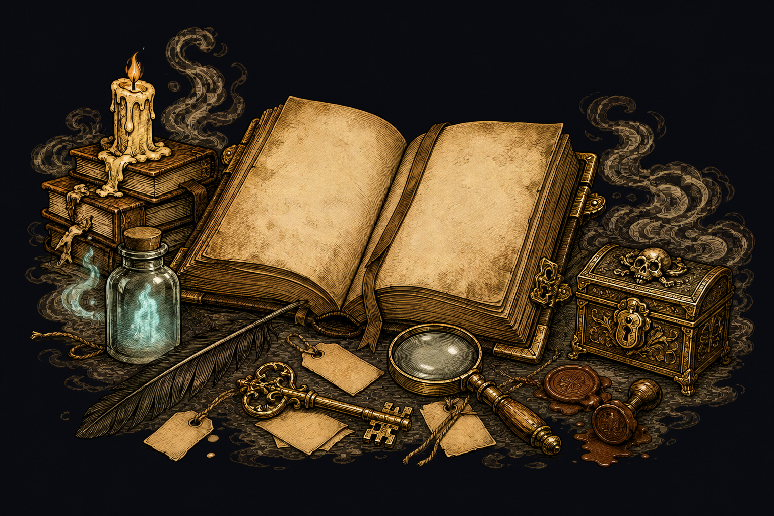 The Curator’s open ledger surrounded by peculiar relics from the Caravan