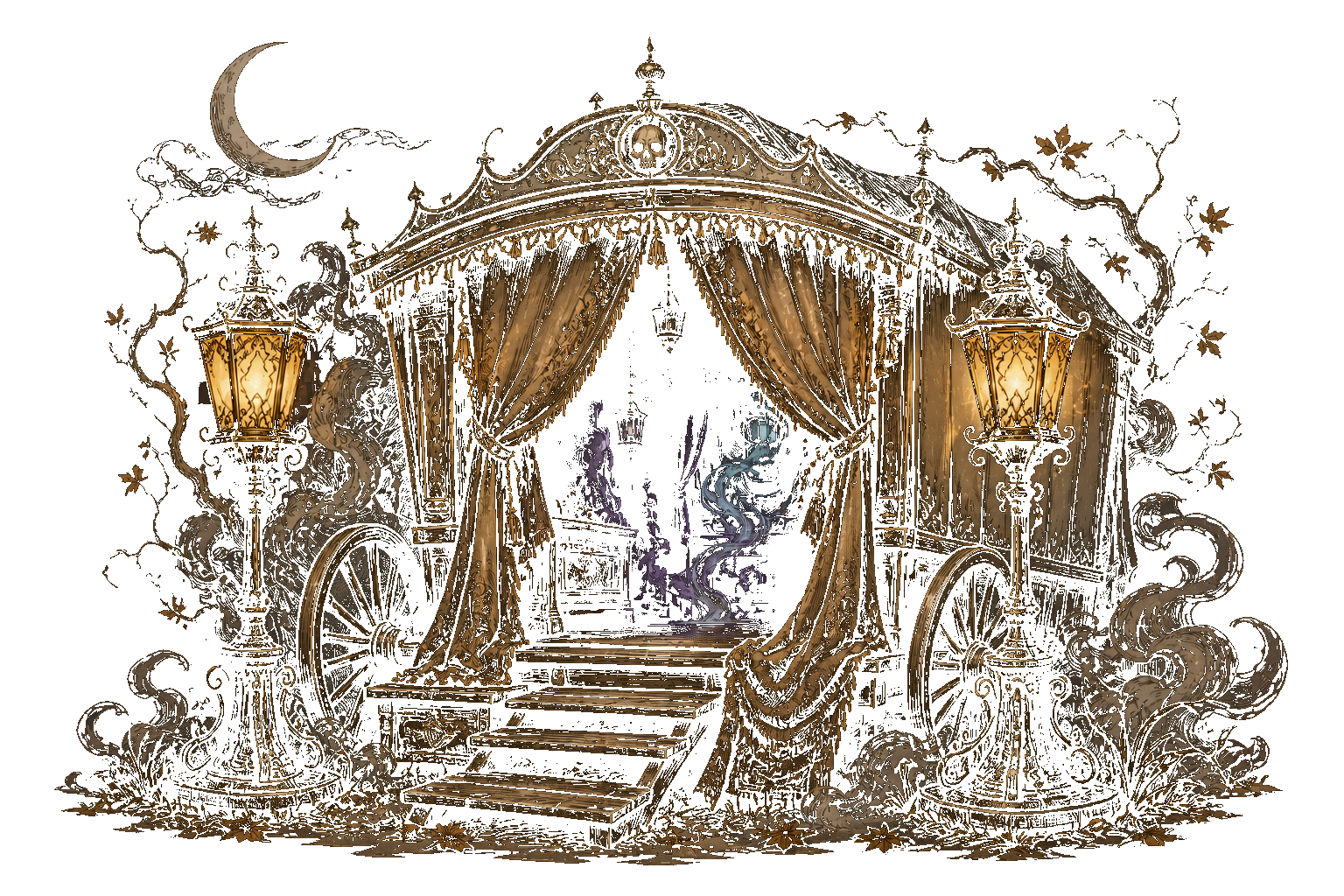 The lantern-lit entrance to the Caravan opening beneath the moon