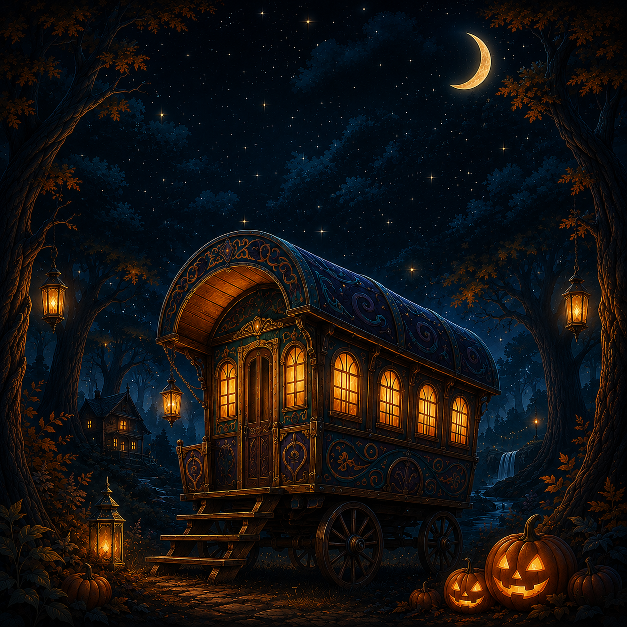 The Mystical Caravan glowing beneath a crescent moon in the forest