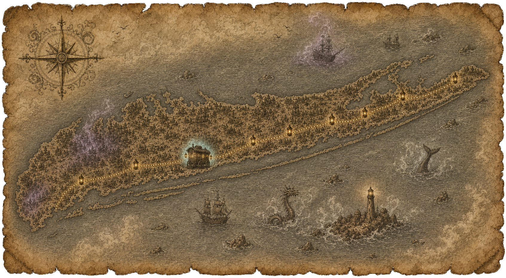 An antique chart of Long Island tracing a lantern-lit route to the Mystical Caravan