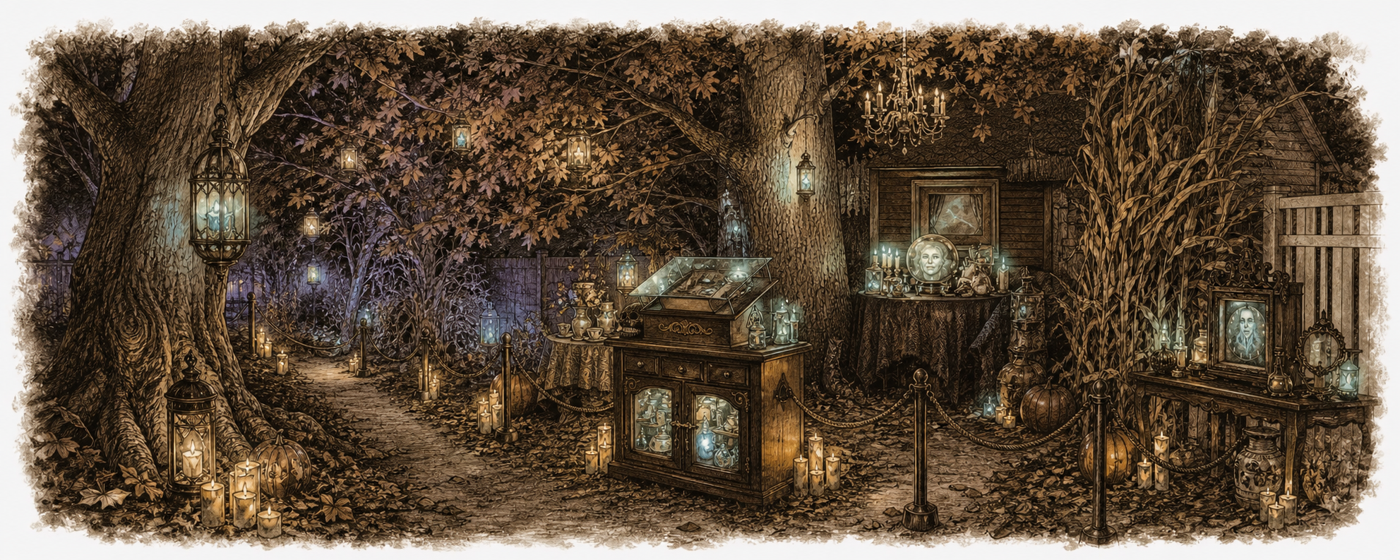A hand-drawn Victorian panorama of The Mystical Caravan collection at night
